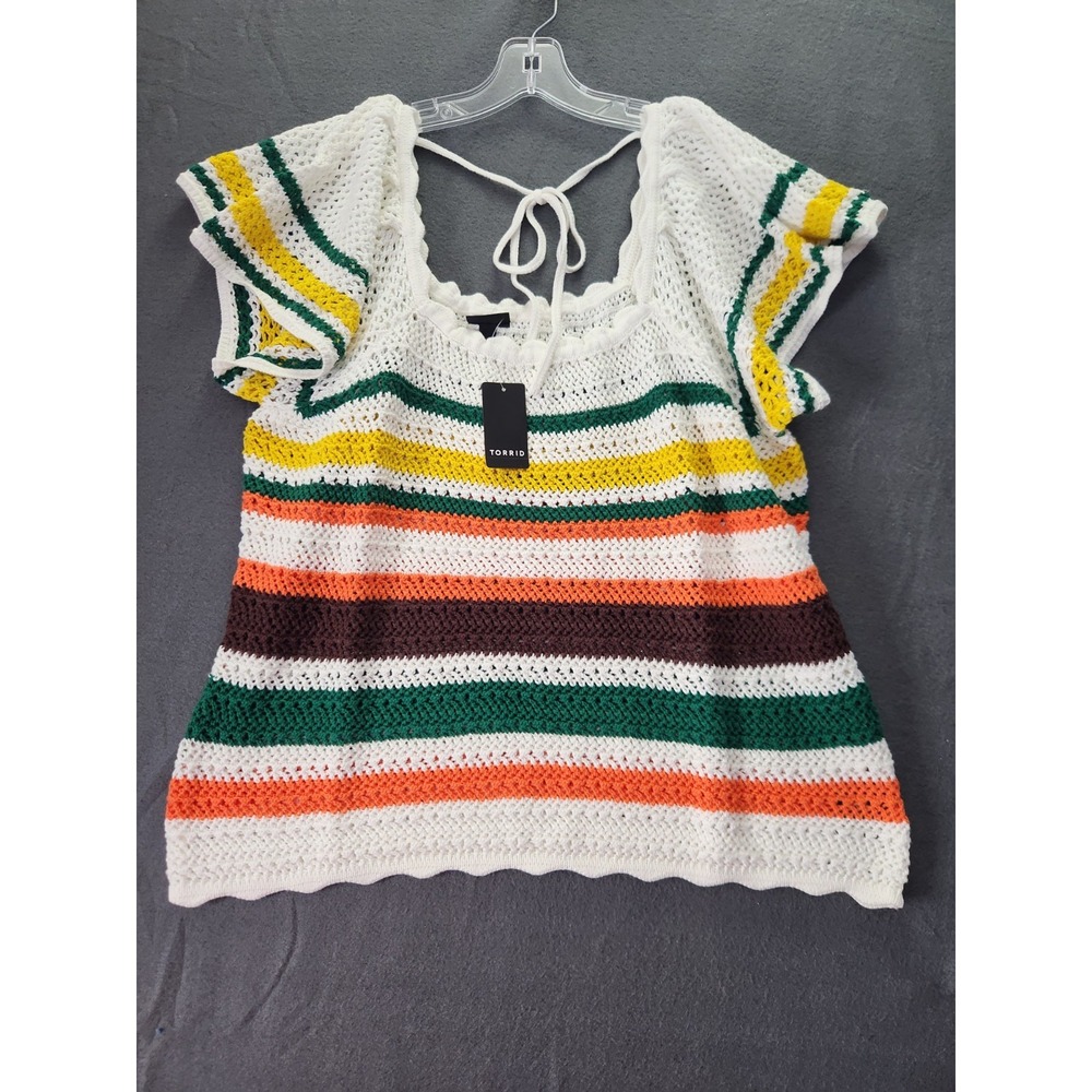Torrid Crochet Knit Sweater‎ 1X Pullover Striped Flutter Sleeve Boho Hippie NWT